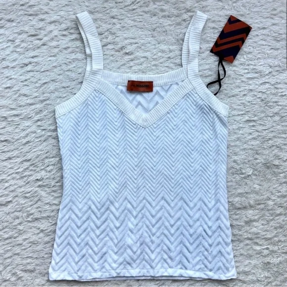 NWT Missoni White V Neck Chevron Tank Top Shirt IT40 NewZigZag Rare Knit